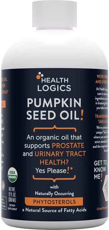 Health Logics Pumpkin Seed Oil 12Oz Organic Cold Pressed | Vegetarian, Non-Gmo, Gluten Free | Safe For Cooking | Supports Prostate Health