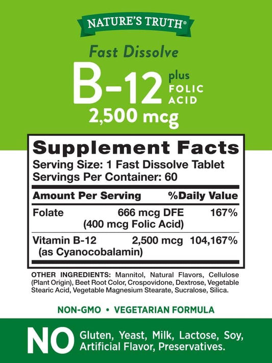 Nature'S Truth Vitamin B-12 2500 Mcgplus Folic Acid, Natural Berry Flavor, 60 Count (Pack Of 3)