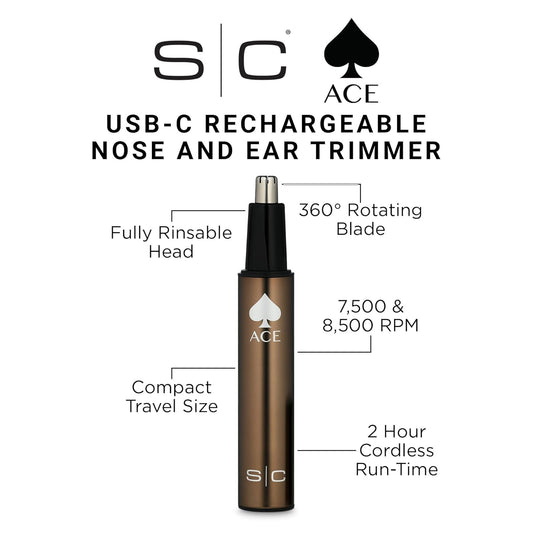 Stylecraft Ace Cordless Usb-C Rechargeable Hair Trimmer & Electric Ear/Nose Trimmer With Protective Cap For Men