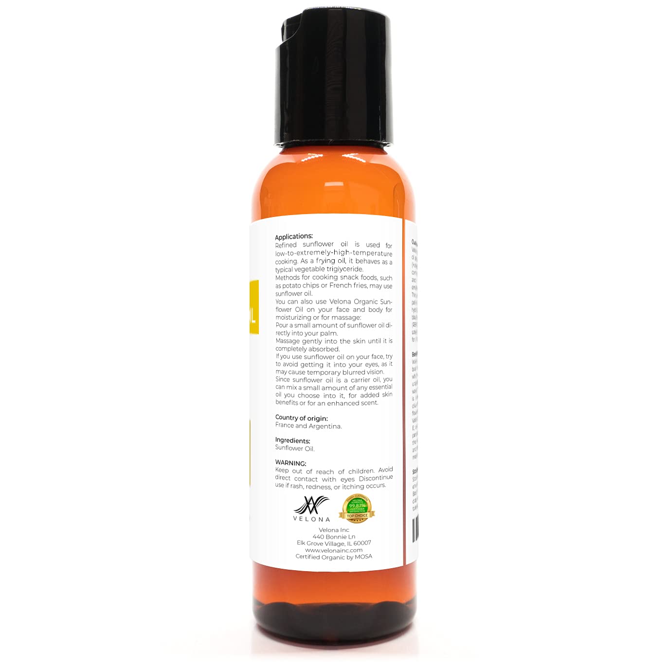 velona USDA Certified Organic Sunflower Oil - 2 oz | 100% Pure and Natural Carrier Oil | High Oleic, Refined, Cold Pressed | Cooking, Skin, Hair, Body & Face Moisturizing : Beauty & Personal Care