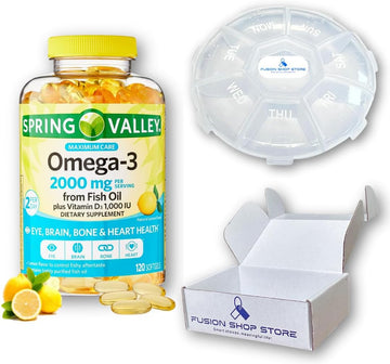 Omega 3 Fish Oil 2000mg Capsules - Spring Valley 120 ct (1), Set with Fusion Shop Store Week Case (1)