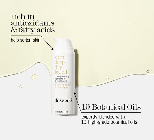 This Works Skin Deep Dry Leg Oil – 100% Natural Body Oil Moisturizer With 13 Essential Oils & 6 Cold-Pressed Plant Oils, Hydrates & Nourishes Dry Skin, 5 Oz / 150Ml