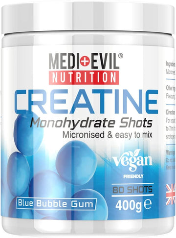 Medi-Evil Nutrition Creatine Monohydrate Shots Powder Vegan Friendly, Blue Bubblegum Flavour, 400G, 80 Servings, Micronised For Easy Mixing (Pack Of 1 Tub)