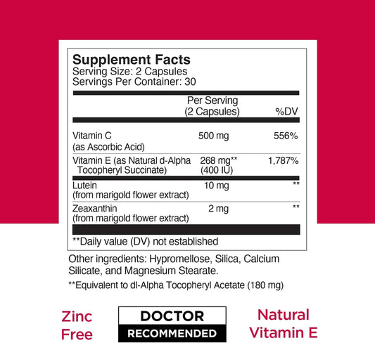 Viteyes Areds 2 Zinc Free Macular Support, Natural Allergen Free Capsules With Vitamin E, Vitamin C, Lutein & Zeaxanthin, No Zinc, No Copper, Eye Doctor Trusted