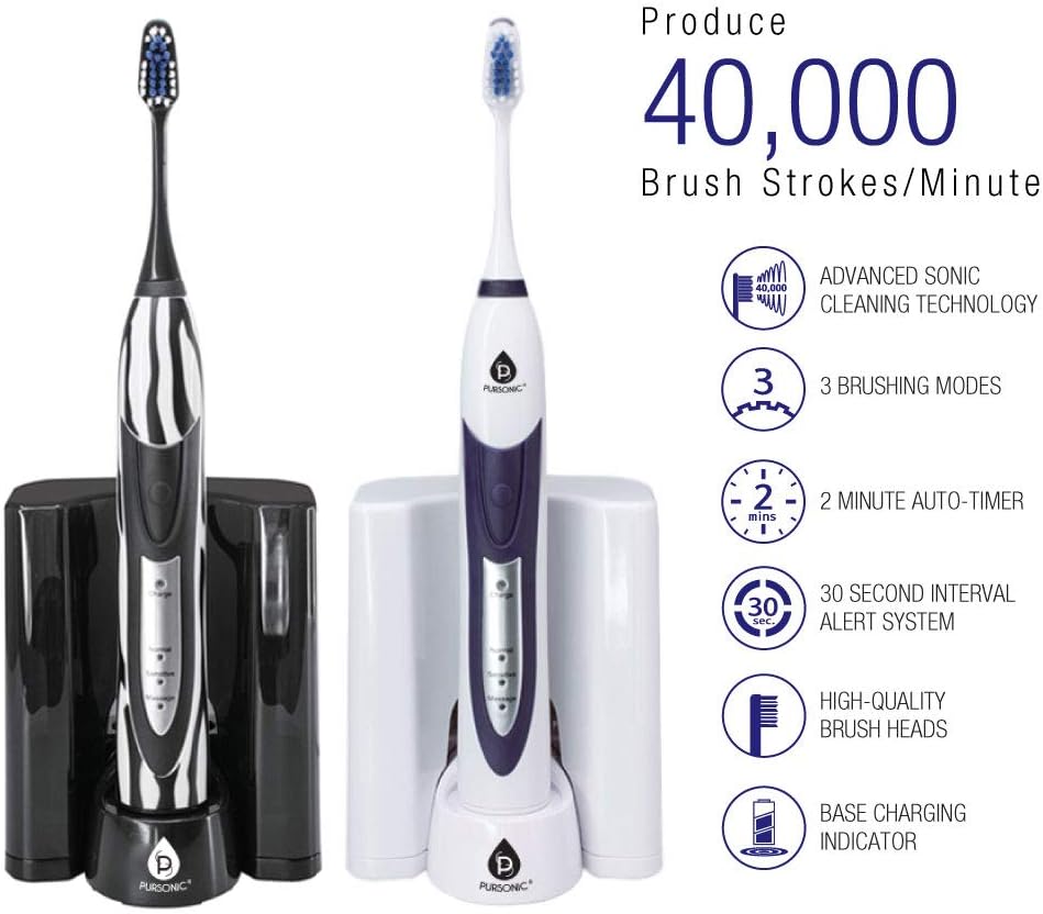 Pursonic S520 Black Ultra High Powered Sonic Electric Toothbrush With Dock Charger, 12 Brush Heads & More! (Value Pack) : Health & Household