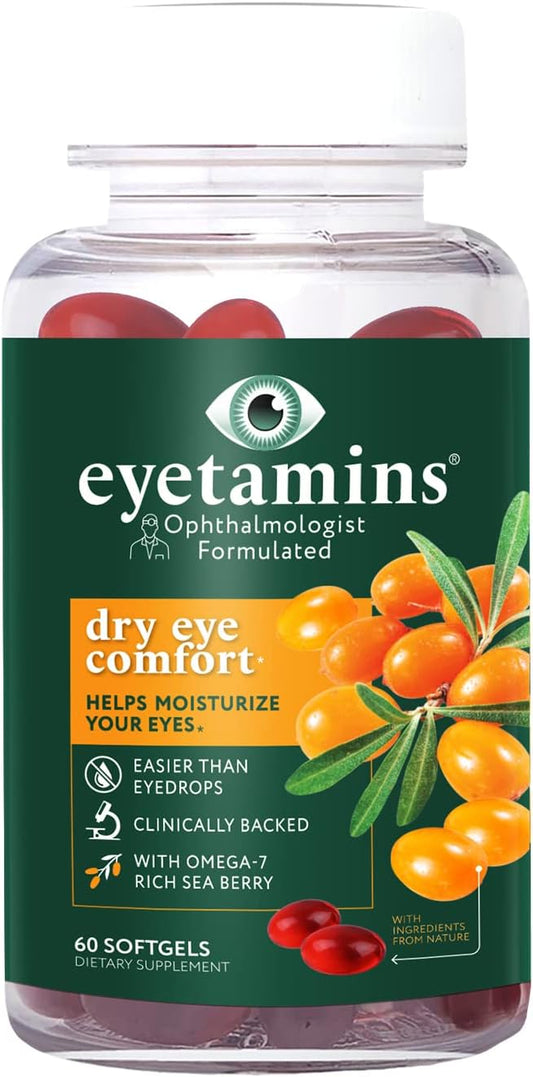 Eyetamins Dry Eye Comfort - 60 Softgels - Ophthalmologist - Formulated, Natural - Himalayan Sea Buckthorn Oil - Vegan And Non-Gmo Formula
