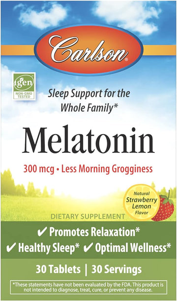 Carlson - Melatonin, 300 Mcg, Healthy Sleep, Promotes Relaxation, Natural Strawberry-Lemon Avor, 30 Chewable Tablets