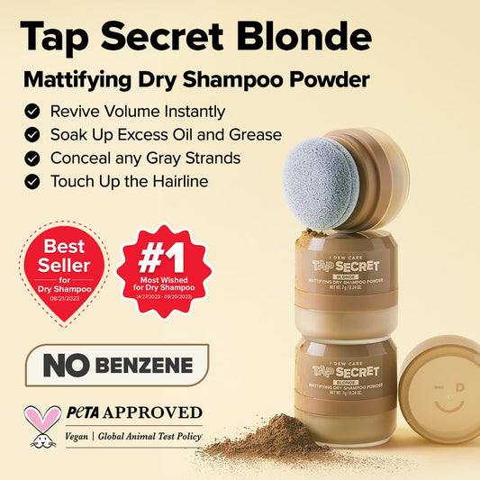 I Dew Care Biotin Clarifying Dry Shampoo - Tap Secret Blonde | Strengthening & Volumizing, Powder Type, Refillable, Travel Size, Non-Aerosol, Brunette, Korean Ginseng 0.24 Oz