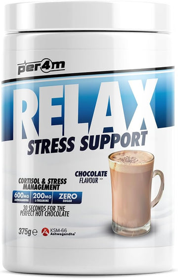 Per4M Relax Chocolate Drink For Iced Frappe Or Hot Chocolate | Stress And Relaxation Support | 600Mg Ashwagandha | 200Mg L-Theanine | Zero Sugar | 25 Servings (Chocolate Flavour, 375G)