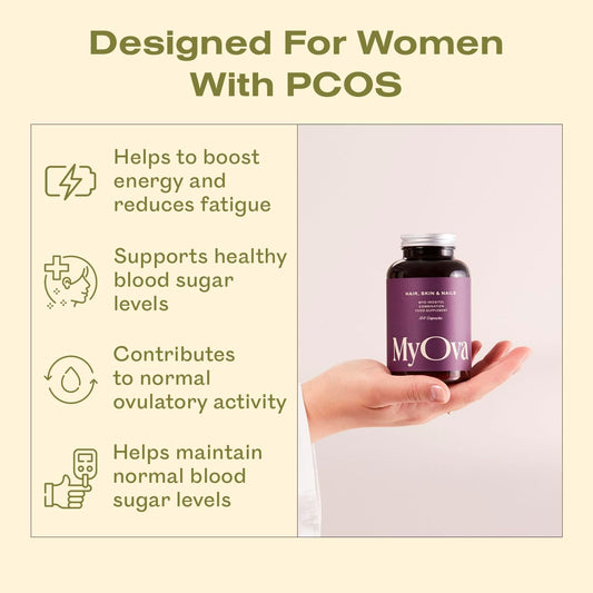 Myova Hair, Skin & Nails Pcos Supplement - 30-Day Supply - 2000Mg Myo-Inositol For Pcos Support - Complex Has Biotin, Zinc, Vitamin A And C To Support Strong Hair, Skin & Nails – Uk Manufactured