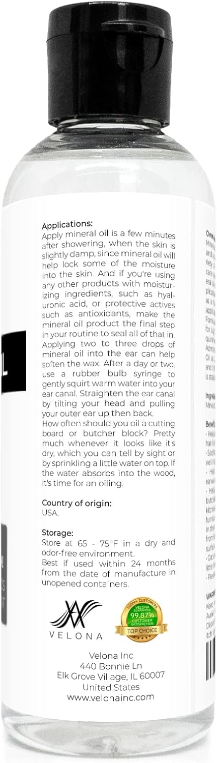 Velona Food Grade Mineral Oil 350 Viscosity NF USP Grade - 4 oz | for Cutting Boards, Countertops and Butcher Blocks, Stainless Steel, Knife, Tool, Machine, and Equipment | Made in The USA : Health & Household