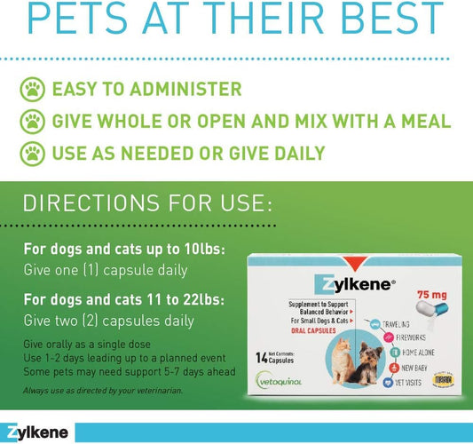 Vetoquinol Zylkene Calming Support Supplement For Small Dogs And Cats, Helps Promote Relaxation And Reduce External Stress Factors, Daily Behavioral Support And Anxiety Relief For Dogs And Cats, 75Mg
