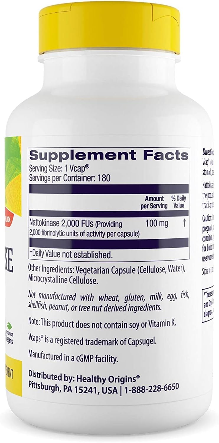 Healthy Origins Nattokinase 2,000 FUs, 100 mg - Nattokinase Supplement - Soy-Free, Vegan, Non-GMO & Gluten-Free Nattokinase - 180 Veggie Capsules