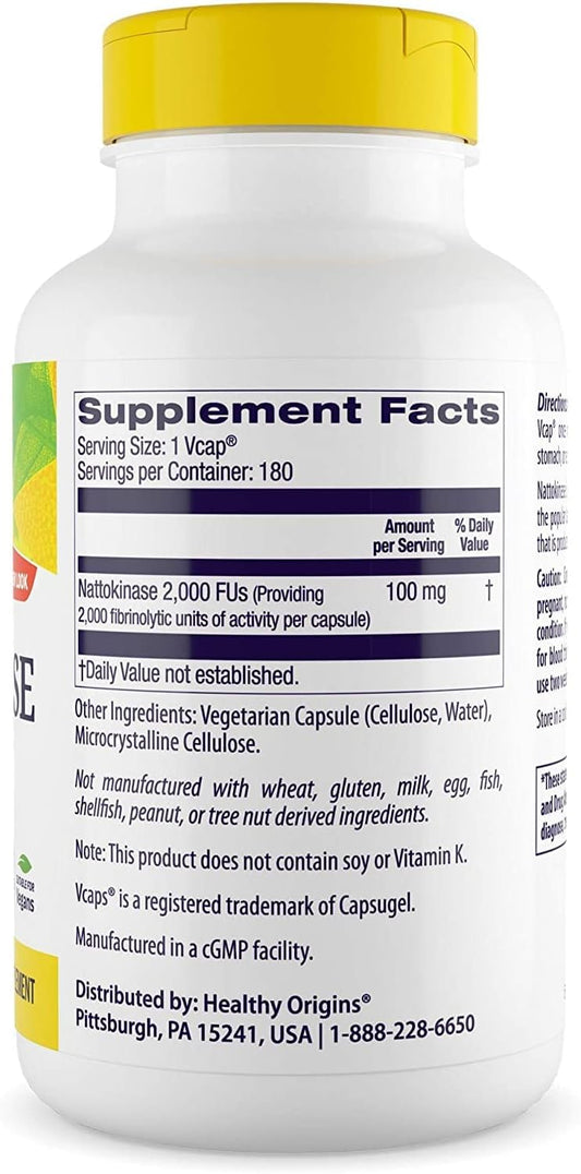 Healthy Origins Nattokinase 2,000 FUs, 100 mg - Nattokinase Supplement - Soy-Free, Vegan, Non-GMO & Gluten-Free Nattokinase - 180 Veggie Capsules