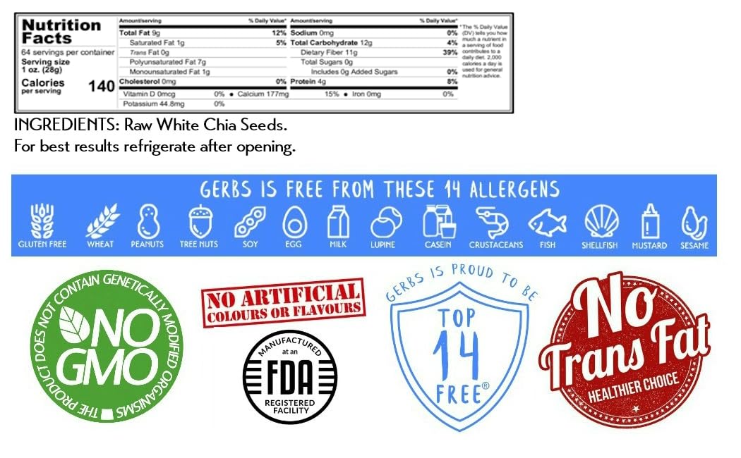 GERBS Raw White Chia Seeds 4 LBS. Premium Grade | Freshly Harvested & Packaged in Resealable Bulk Bag | Non-GMO, Keto & Paleo Cleared |Great with yogurt, smoothies & oatmeal | Gluten Peanut Free : Grocery & Gourmet Food