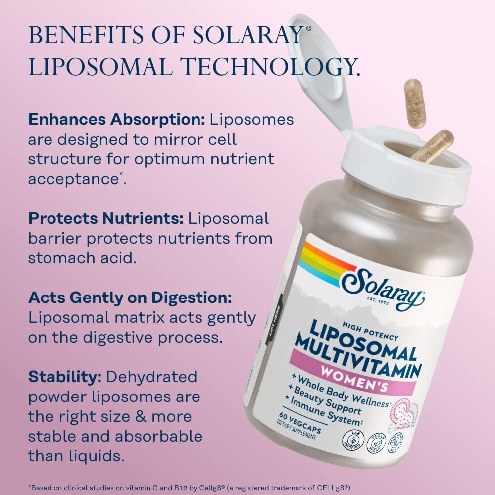 Solaray Liposomal Multivitamin For Women, Enhanced Absorption, High Potency W/Iron, Vitamin D, Vitamin C, B12, Biotin, Coq10, Immune Support, Bone Health, Vegan, 60 Servings, 120 Vegcaps