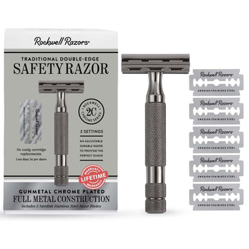 Rockwell Razors 2C Gunmetal Chrome Double Edge Safety Razor With Adjustable Shave Settings And 5 Fully Recyclable Razor Blades. Reusable Safety Razors For Men And Women