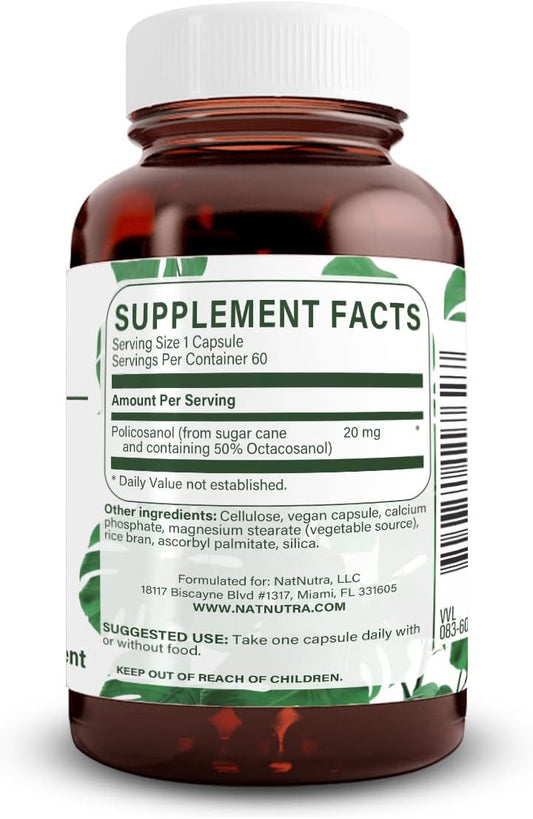 Natural Nutra Policosanol 20Mg With Octacosanol, Supplement To Promotes Fluid Circulations, Improves Cardiovascular Health, 60 Vegan Capsules