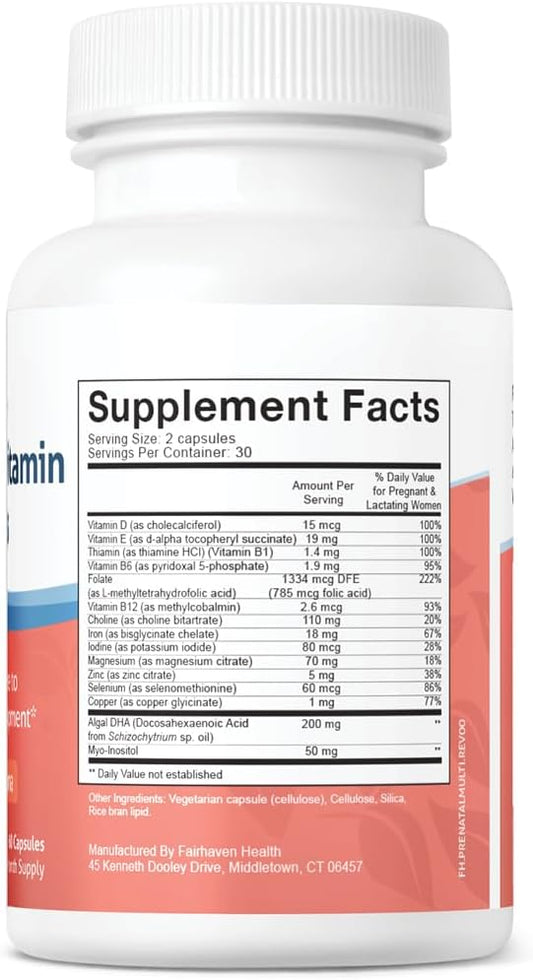 Fairhaven Health Prenatal Multivitamin Essentials | Prenatal Vitamins + Dha, Choline, Myo-Inositol | Supports Healthy Pregnancy & Fetal Brain Development | Mint Essence To Deter Nausea | 60 Capsules