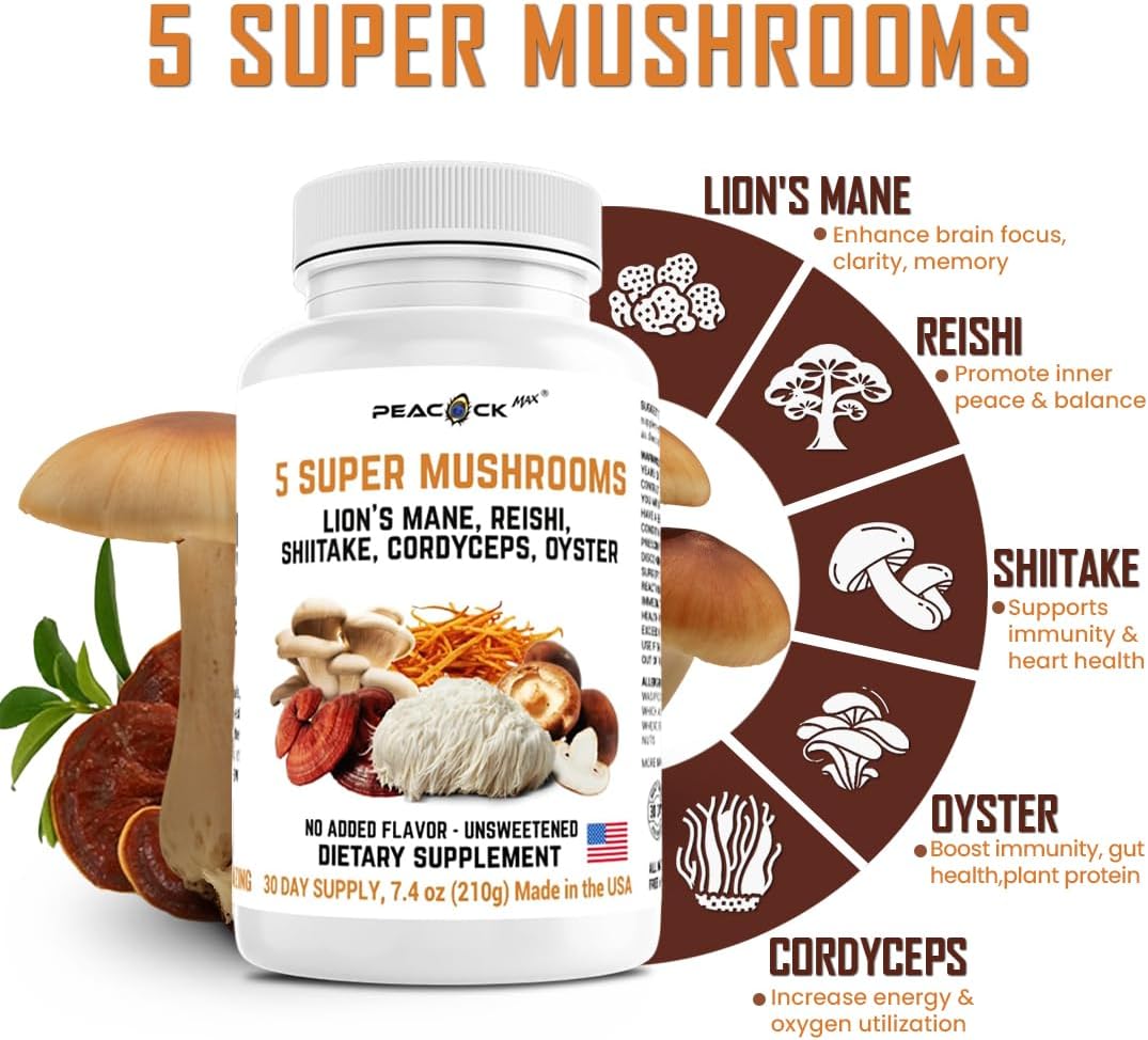 Peacock Max 5 Mushrooms Supplement, 180 Count – Lion'S Mane, Reishi, Shiitake, Cordyceps, Oyster Immune & Brain Supplement For Memory And Focus, Dietary Supplement For Energy : Health & Household