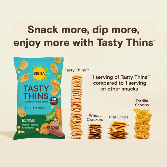 Biena Tasty Thins Veggie Crisps – Tuscan Herb, 4-Pack, 4 Oz Bags – Chickpeas & Veggies, Vegan, Gluten Free, Dairy-Free, Non-Gmo, Allergy-Friendly, Healthy Snacks For Adults And Kids