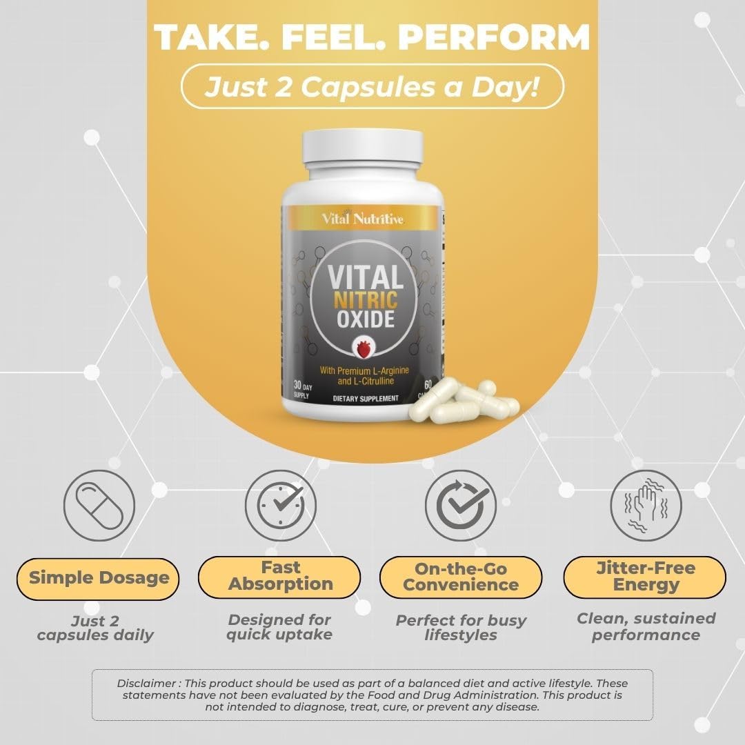 Vital Nitric Oxide Supplements For Men - Workout Booster Supplement For Men - Nitrous Oxide Boost Blood Flow, Blood Pressure, Energy & Workout Performance With L Arginine L Citruline-90 Days Supply : Health & Household