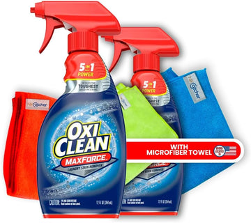 2 Oxi, Clean Max Force, Laundry Stain Remover Spray 12 Ounce, Bundled With 3-Pack Nikcatcher 16X16 400 Gsm Microfiber Cleaning Cloth Towel Rags