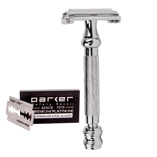 Parker 99R Chrome Long Handle Heavyweight Butterfly Open Double Edge Safety Razor For Men, 5 Parker Premium Platinum Double Edge Razor Blades Included