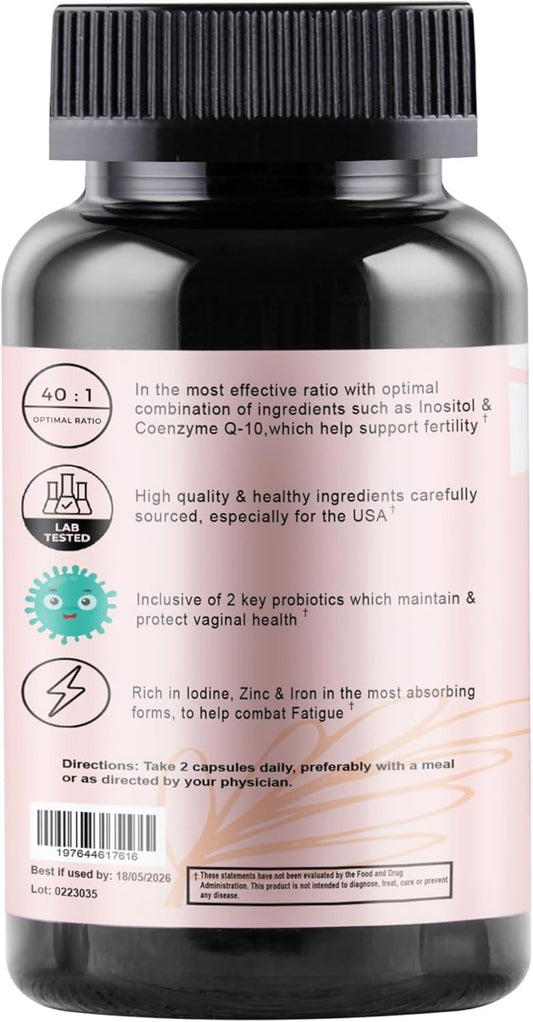 Agnositol Prenatal Vitamin, Vaginal Probiotic With Smart Bacteria, Fertility, Ovulation & Pcos Support, Hormone Balance & Vaginal Health Supplement. Inositol 40:1, Folic Acid, Vitamins D3 B6/1