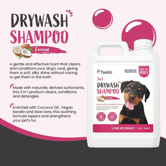 Pawbits Drywash Shampoo For Dogs - Puppy Friendly 3-In-1 Dry Shampoo To Clean, Condition & Detangle – No Water Required (Coconut - 2.5L)Pb-Drywash