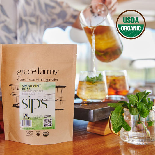 Grace Farms Spearmint Rose Organic Iced Tea (Twelve 1Qt. Brew Bags, 3 Gallons) | Refreshing And Spiced, Naturally Sweet Sugar-Free | Easy Cold Brew