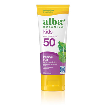 Alba Botanica Kids Sunscreen For Face And Body, Tropical Fruit Sunscreen Lotion For Kids, Broad Spectrum Spf 50, Water Resistant And Hypoallergenic, 3 Fl. Oz. Bottle
