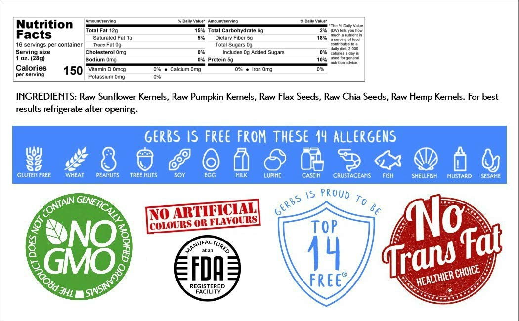 GERBS Super 5 Seed Snack Mix 1 LB. Premium Grade | Top 14 Food Allergy Free | Resealable Bulk Bag | Made in USA | Raw Pumpkin Sunflower Chia Hemp Flax Seed Trail Mix | Gluten Peanut Tree Nut Free