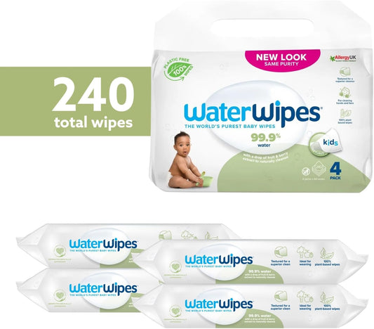 Waterwipes Textured Clean, Toddler & Baby Wipes, 240 Count (4 Packs), 99.9% Water Based Wipes, Unscented, For Sensitive Skin, Packaging May Vary