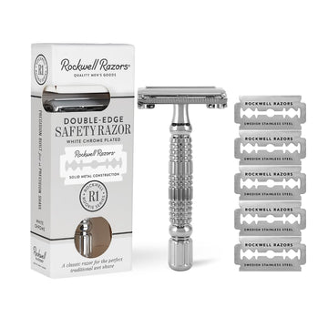 Rockwell Razors R1 Double Edge Safety Razor In White Chrome. Beginner-Friendly For A Smooth, Comfortable Shave. Twist-To-Open Handle For Easy Blade Loading. Includes 5 Recyclable Safety Razor Blades
