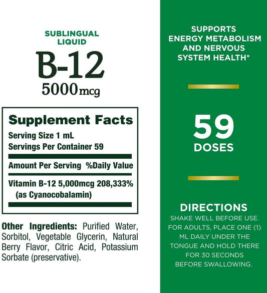 Nature’S Bounty Vitamin B Complex Liquid, B12 Vitamin 5000 Mcg, Nervous System Health & Cellular Energy Support, B Complex Vitamins For Women & Men, Vegetarian, 59 Servings, 2 Fl Oz
