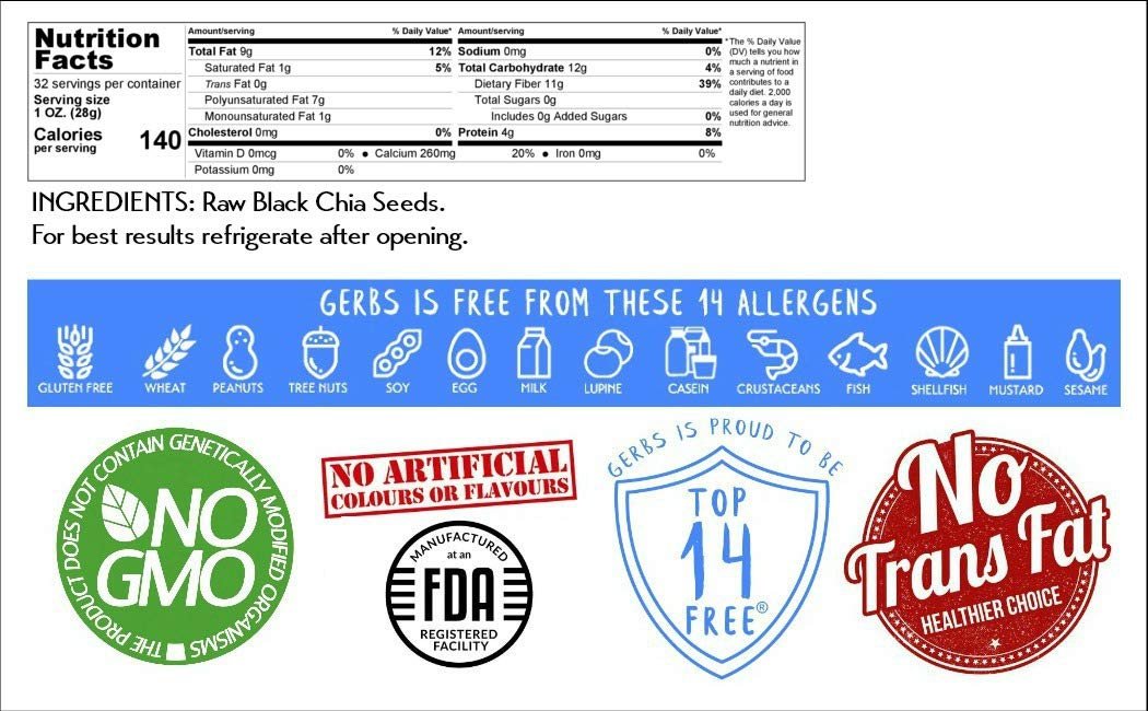 GERBS Raw Black Chia Seeds 2 LBS. | Freshly Harvested & Packaged in Resealable Bulk Bag | Non-GMO, Keto & Paleo Cleared |Great with yogurt, smoothies & oatmeal | Gluten Peanut Tree Nut Allergy Free : Cooking And Baking Chia Seeds : Grocery & Gourmet Food