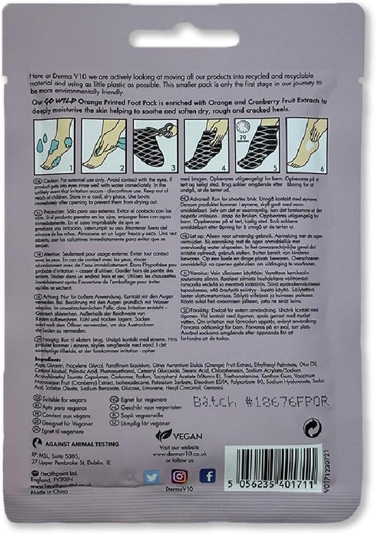 Healthpoint Derma V10 Go Wild Foot Mask, Vitamin E, Hyaluronic Acid, Orange, Cranberry Extract, Moisturises And Nourishes Feet, Softens Rough, Dry, Cracked Heels, Natural Ingredients, Vegan Friendly
