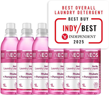Ineos Next-Gen Non Bio Laundry Washing Liquid Detergent, 198 Washes (6 X 1L), High Performance Stain Remover For Clothes, Plant Powered, For Sensitive Skin, Rhubarb + Pomegranate, Packaging May Vary