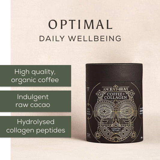 Ancient + Brave - Coffee + Collagen Powder 250G - Organic Brazilian Ground Coffee With Grass-Fed Hydrolysed Bovine Collagen - Collagen Coffee, Premium Blend Organic Cacao - High Protein, Keto Friendly