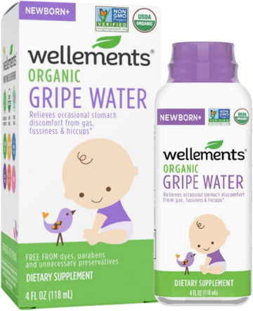 Wellements Gripe Water 4 Fl Oz, Relieves Occasional Stomach Discomfort from Gas, Fussiness & Hiccups, USDA Certified Organic, Gluten Free & Non GMO, Ages Newborn+