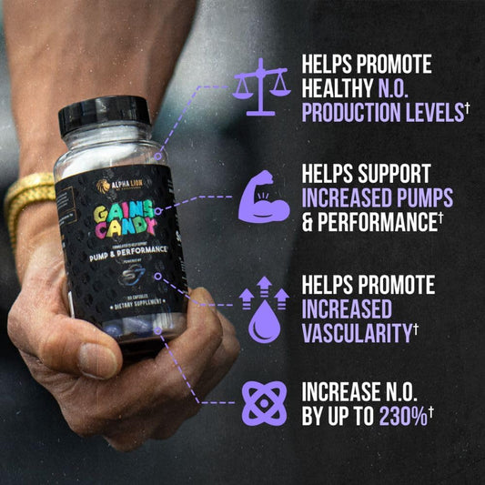 Alpha Lion Gains Candy, Supplement Pills For Muscle Pump & Blood Flow, Nitric Oxide Booster, Supports Mental Focus, Use Daily To Upgrade Workout Performance, 60 Capsules (S7)