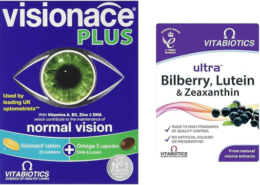 Visionace Plus -56 Tablets Bundle With Vitabiotics Ultra Bilberry, Lutein And Zeaxanthin - 30 Tablets