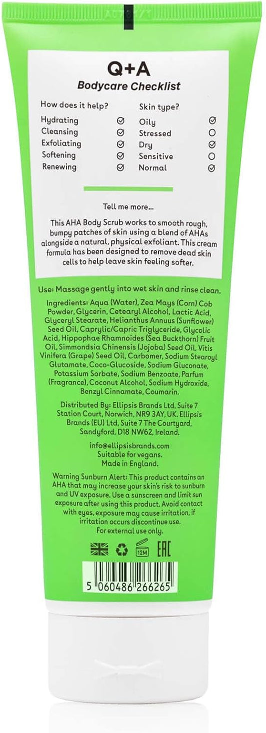 Q+A Aha Exfoliator Body Scrub (250Ml), Exfoliating Body Scrub With Aha And Lactic & Glycolic Acid, Smooths Rough Dry Skin, Brightens & Hydrates, Vanilla & Coconut Scent