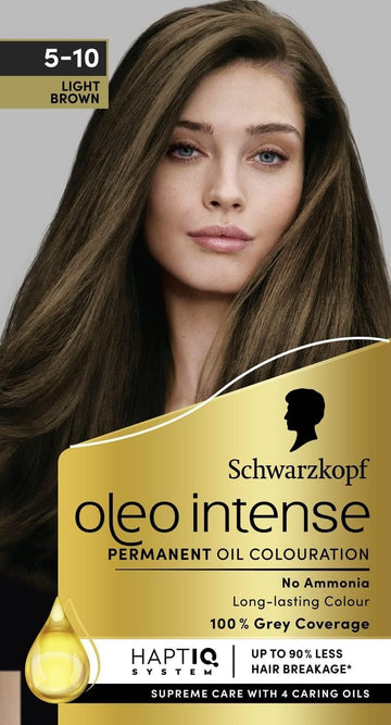 Schwarzkopf Oleo Intense Permanent Oil Colour 5-10 Light Brown Hair Dye, 100% Grey Coverage, Conditioner With Haptiq System, Long-Lasting Colour, Ammonia Free Hair Dye
