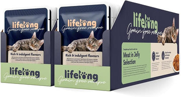 Amazon Brand - Lifelong Grainfree Complete Adult Cat Wet Food, Chicken, Duck, Turkey And Beef In Jelly Selection, 4.76 Kg (56 Packs Of 85G)Cz801055-02/ Cz843
