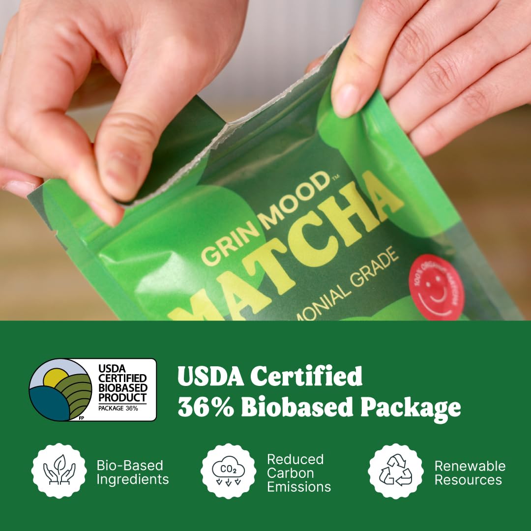 Grin Mood Matcha Organic Ceremonial Green Tea Powder(2.12Oz) - Decaffeinated First Harvest Green Tea, Authentic Korean Matcha, Halal, Eco-Friendly Recyclable Package