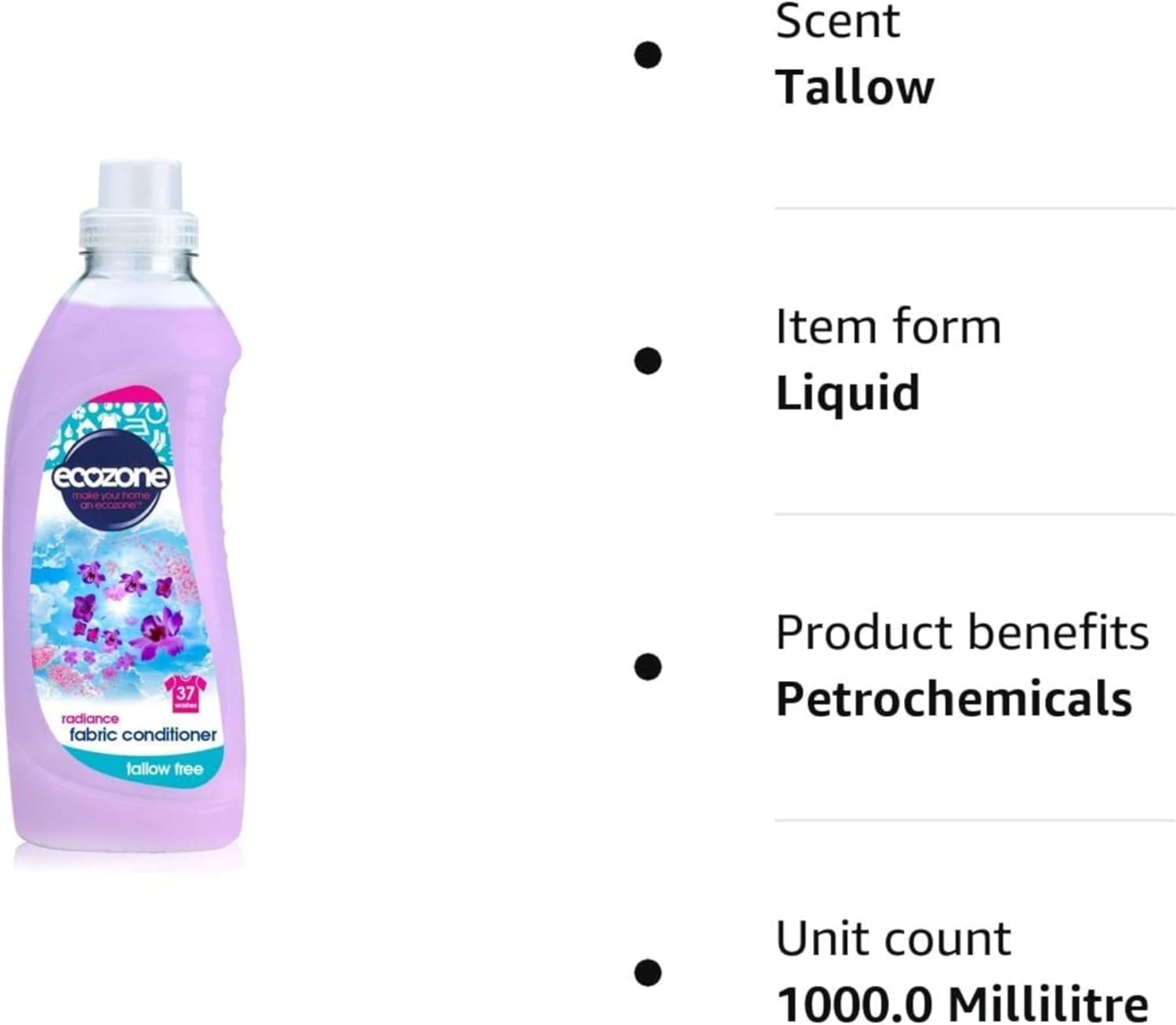 Ecozone Concentrated Radiance Fabric Conditioner, Tallow Free, Gentle Fresh Fragrance, Clothing Softener For Washing Machine Cleaning, Natural Vegan Eco Friendly Plant-Based Liquid (1 Litre/37 Washes)