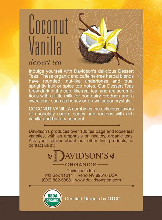 Davidson'S Organics, Coconut Vanilla, 8-Count Tea Bags, Pack Of 12