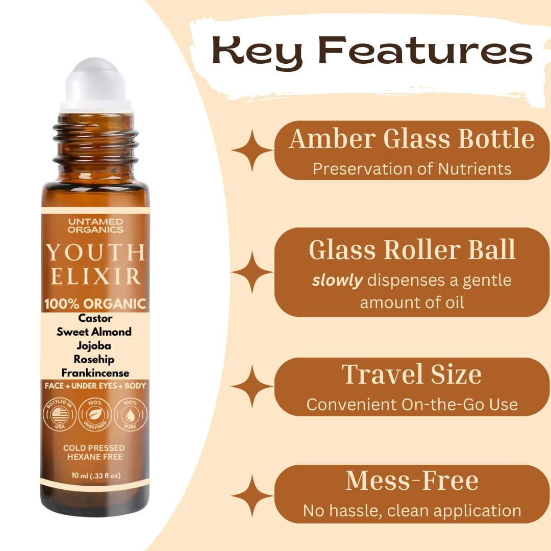 Untamed Organics Youth Elixir - Roll On Facial Serum For Under Eyes And Face With Certified Organic, Cold Pressed, Hexane Free Castor, And Frankincense Oil - Miracle Anti-Aging Oil 10Ml : Beauty & Personal Care